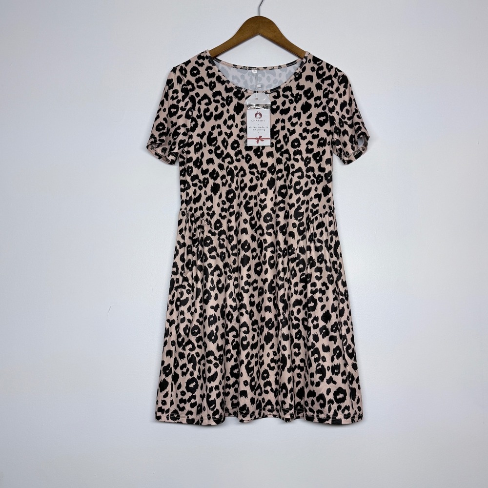Charmyi Womens Leopard Print Babydoll T-Shirt Dress Short Sleeve Tan Black S